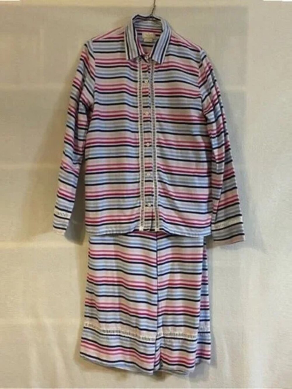 Kate Spade pink blue white striped ladder lace pajama set